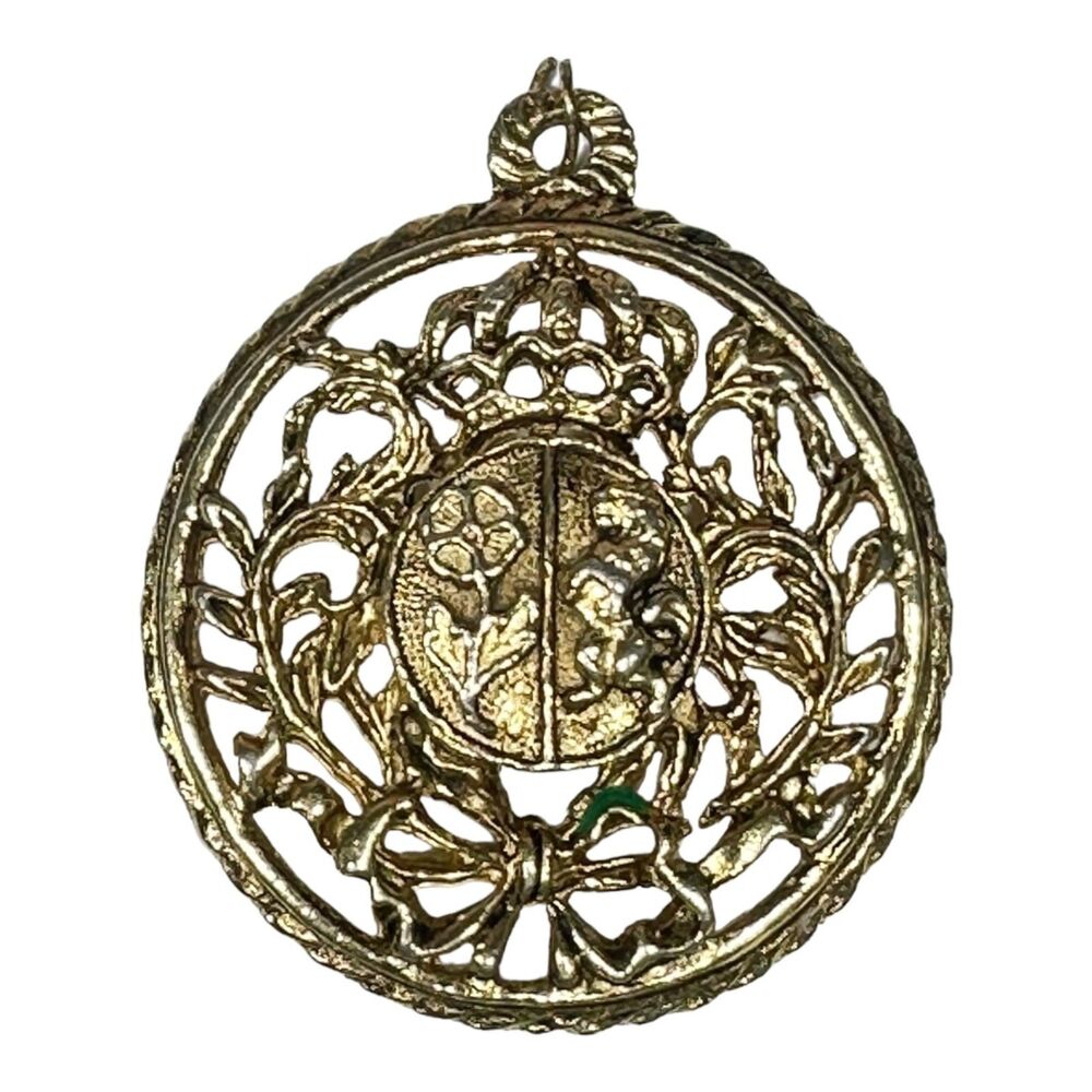 Vintage Coro Filigree Pendant with Crown, Lion, and Flower Motif - Gold Tone